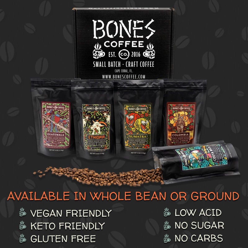 Bones Coffee Company NEW World Tour Sample Pack, Single-Origin Flavored Coffee Medium Roast Arabica Beans Specialty Coffee Gifts Compatible Auto Drip and French Press, 4 oz Pack of 5 Whole Bean - Image 2